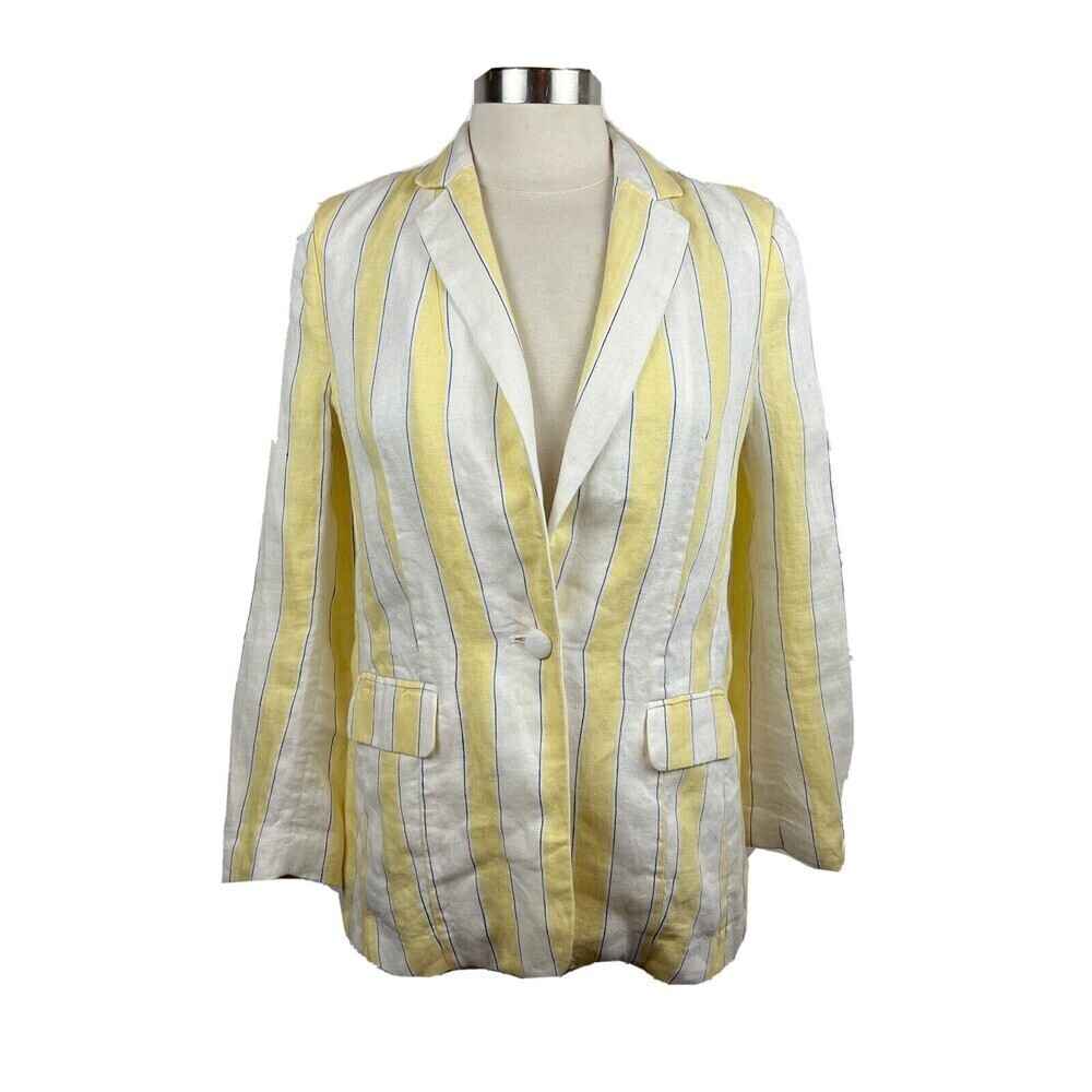 Frame Blazer 4 Womens Yellow White Striped Linen Button Front Summer Classic